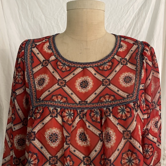 Flying Tomato Boho Floral Geometric Print Long Sleeve Peasant Blouse Red Navy L - Picture 5 of 5
